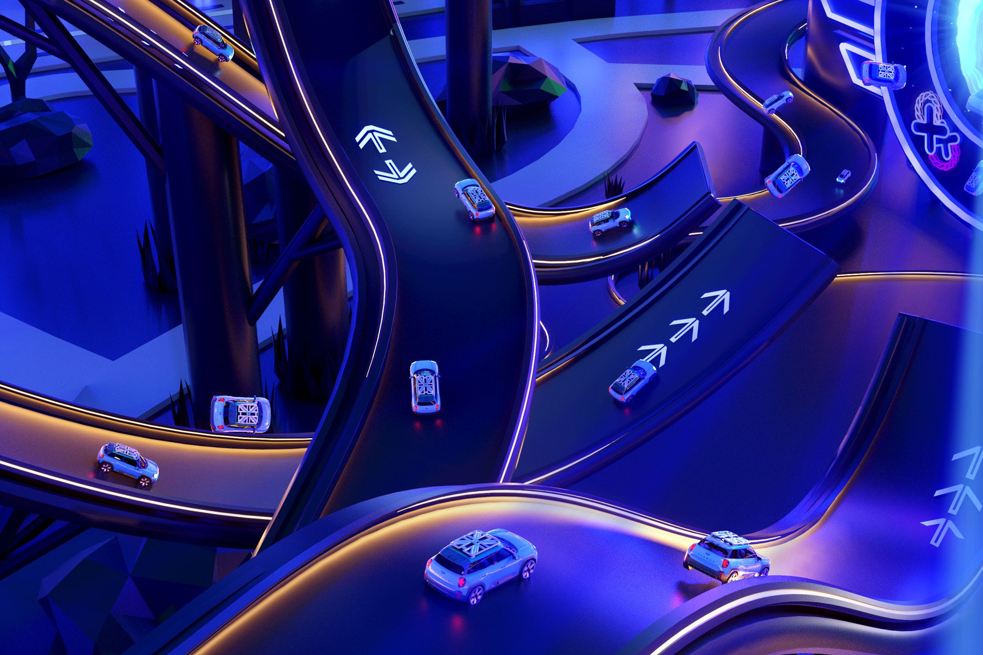 Drive around in the MINIverse as a MINI Concept Aceman. Promotional image of the MINIverse.